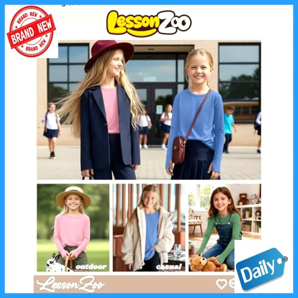 3 Pack Girls Long Sleeve Tees with Thumb Holes Cotton Crew Neck Layering Tops